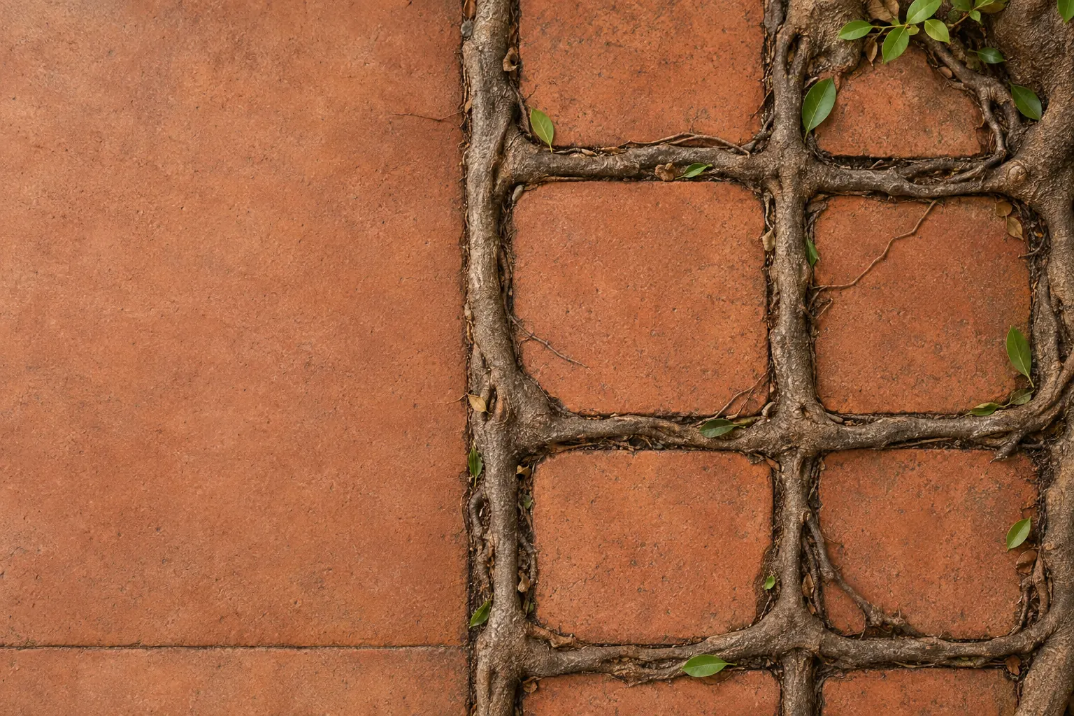 Tree roots growing in a tidy square grid across terracotta brick.